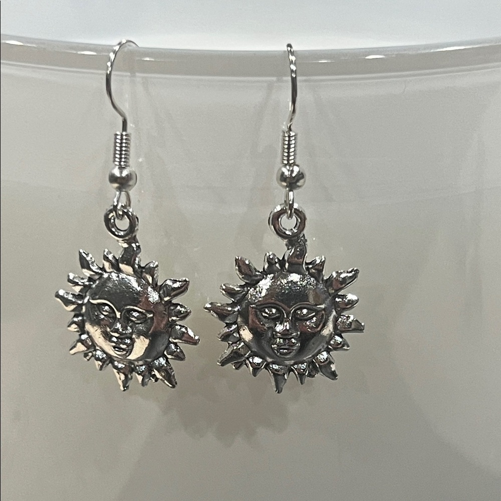 Silver Sun Face Dangle Earrings
